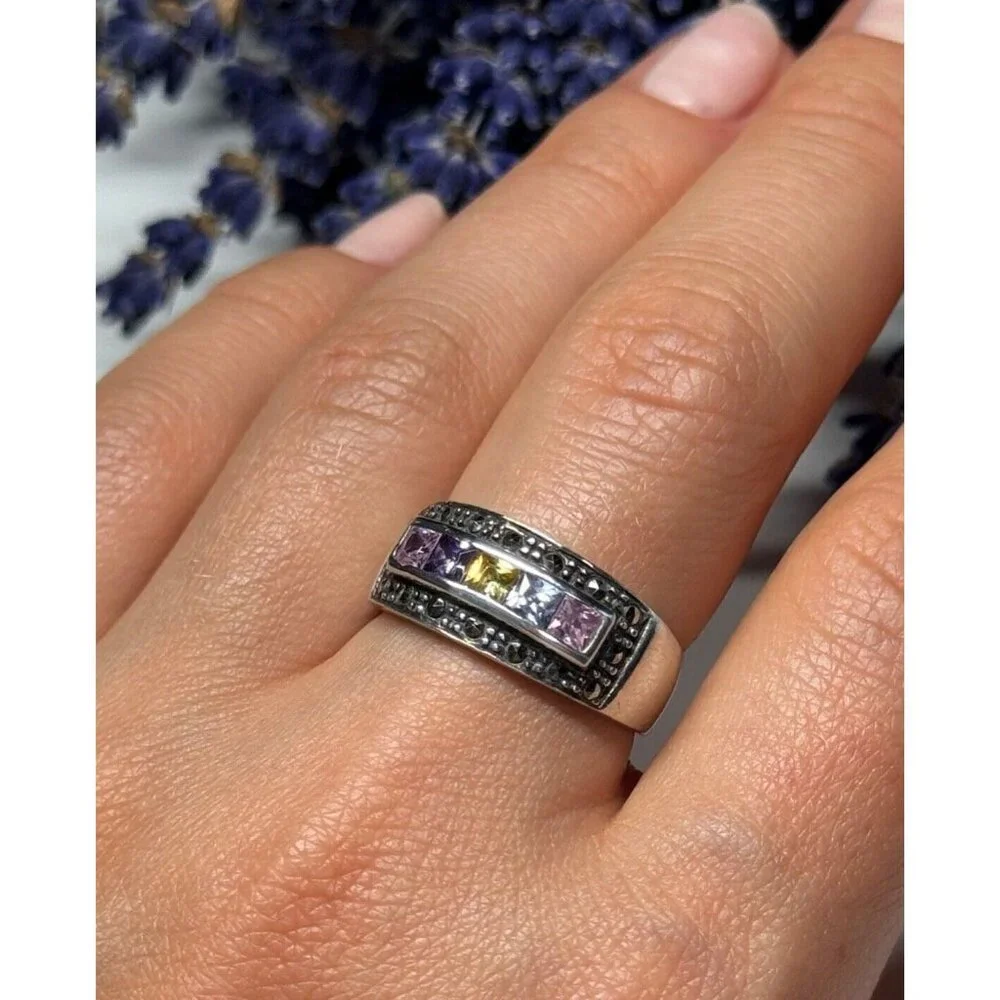 VINTAGE 925 STERLING SILVER TOURMALINES & MARCASITE RING SIZE 8